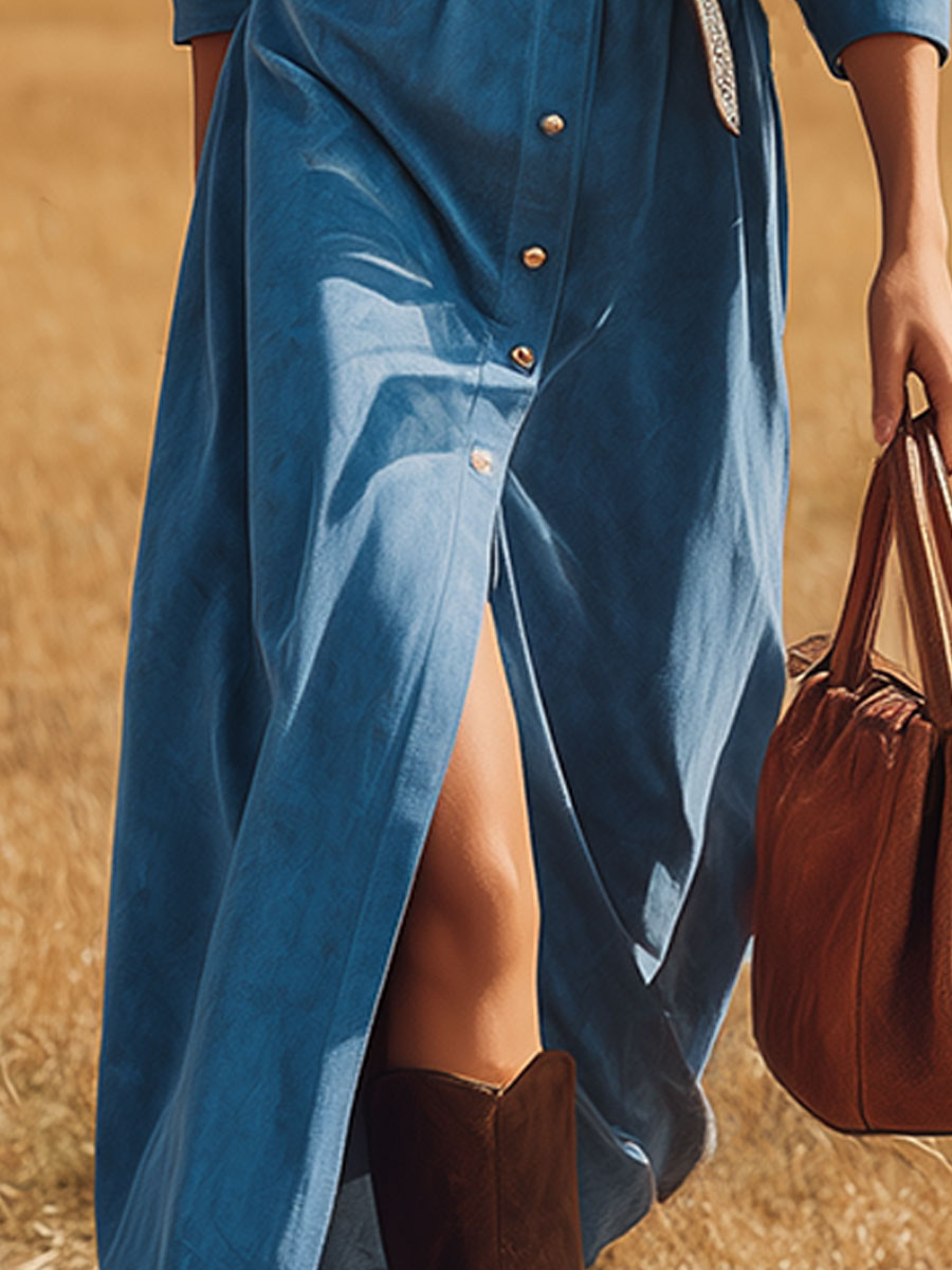 Retro Western Style Blue Long-sleeved Faux Suede Midi Dress