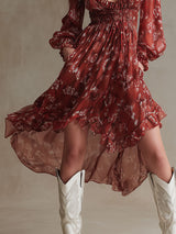 Retro-style Vacation Red Snakeskin Chiffon Long-sleeved Ruffle Midi Dress