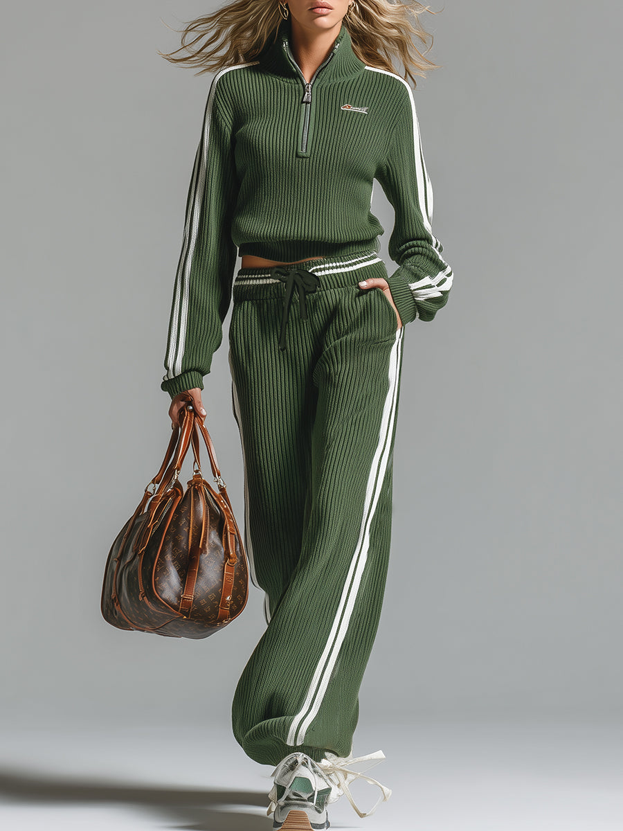 Retro Casual Green Sports Half-zip Knitted Sweater And Pants Set