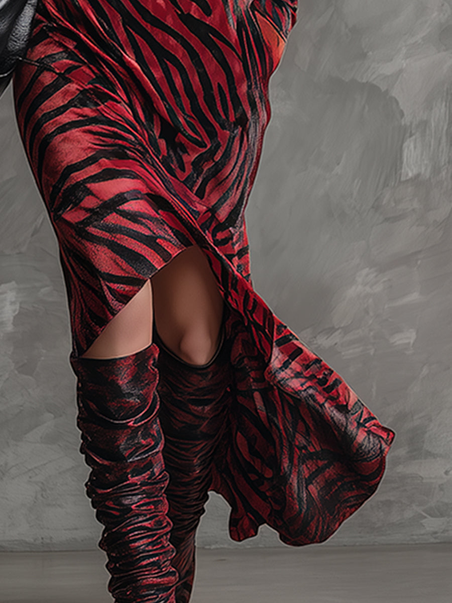 Elegant And Classic Red Zebra-print Lapel Velvet Maxi Dress