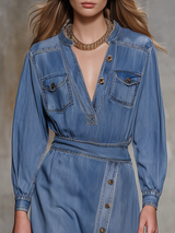 Retro V-neck Button-down Side-slit Denim Midi Dress