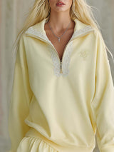 Elegant Fashion Lapel Front Zipper Bubble Hem Lace Trim Light Yellow Cotton Mini Dress