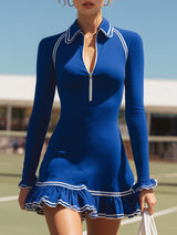 Sporty Style Blue And White Color-blocked Mini Dress With Zipper And Ruffle Details
