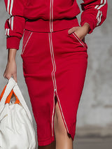 Sporty Style Stand-collar Zip-up Jacket And Skirt Set