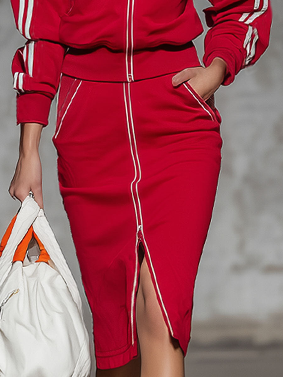 Sporty Style Stand-collar Zip-up Jacket And Skirt Set