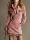 Western Retro Long-Sleeved Leopard Print Pink Faux Suede Mini Dress