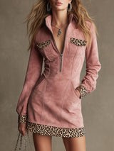Western Retro Long-Sleeved Leopard Print Pink Faux Suede Mini Dress
