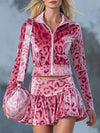Pink Leopard Print Jacket And Velvet Skirt Set