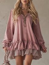 Retro Sporty Style Checkered Trim Powder Pink Sweatshirt Mini Dress