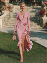 Elegant And Romantic Ruffled Three-dimensional Flowers Pink Chiffon Midi Dress