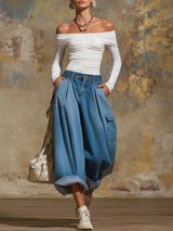 Retro Multi-pocket Wide-leg Cropped Denim Jeans