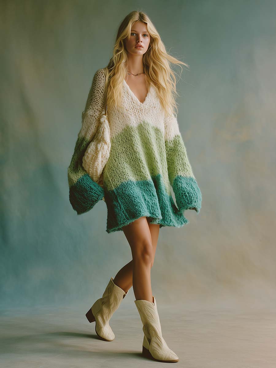 Elegant Comfortable Lazy V-neck Green And White Striped Color-block Knitted Mini Dress