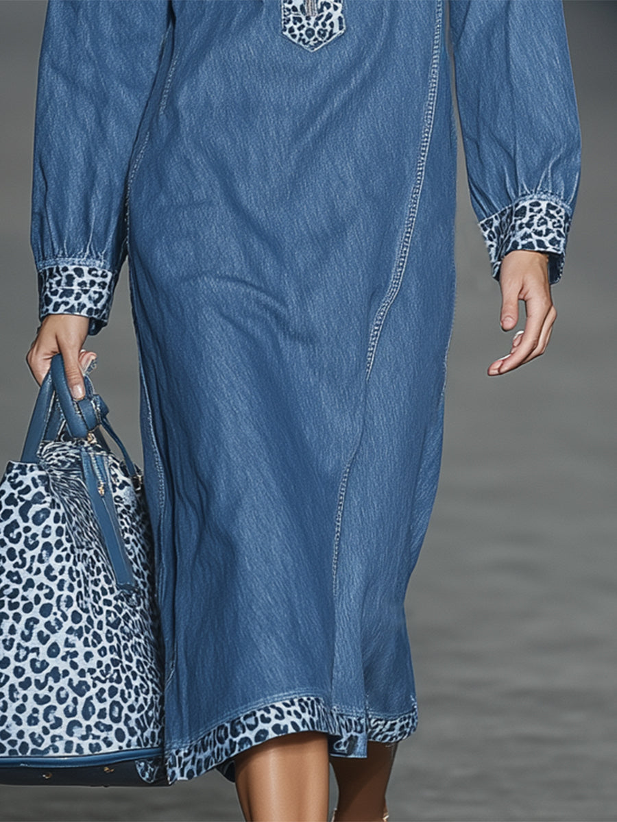Stylish Blue Denim Patchwork Leopard Print Half-zip Hooded Midi Dress