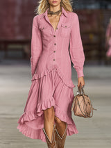 Western-style Pink Button-up With Ruffle Trim Midi Dress