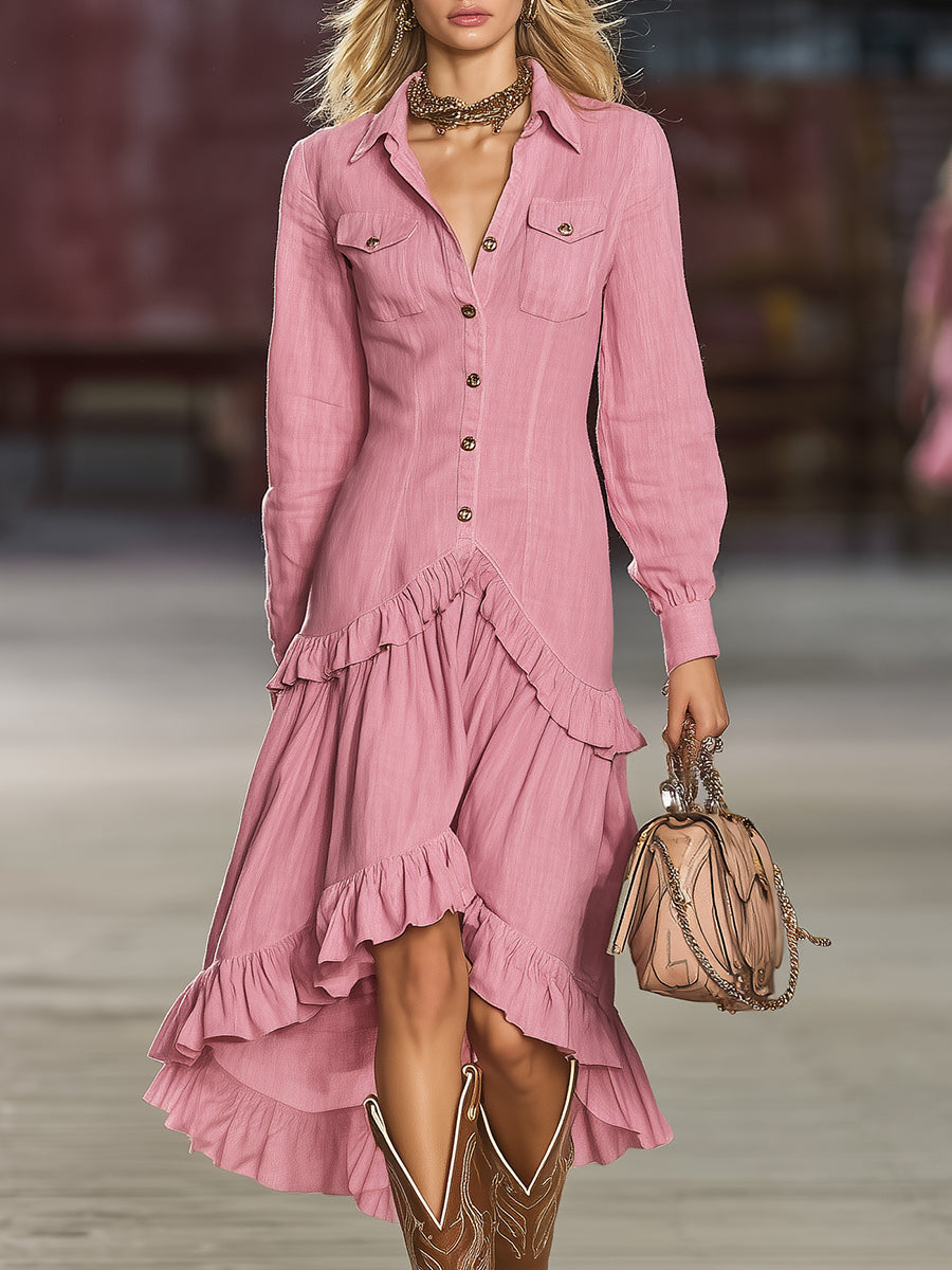 Western-style Pink Button-up With Ruffle Trim Midi Dress