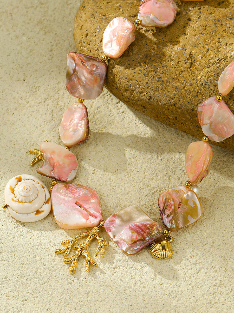 Beach Style Pink Shell Coral Stainless Steel Necklace