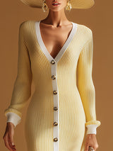 Stylish And Elegant White-trimmed Yellow V-neck Knitted Midi Dress