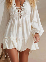 Western Vintage Tie-up V-neck Bubble Hem White Denim Mini Dress