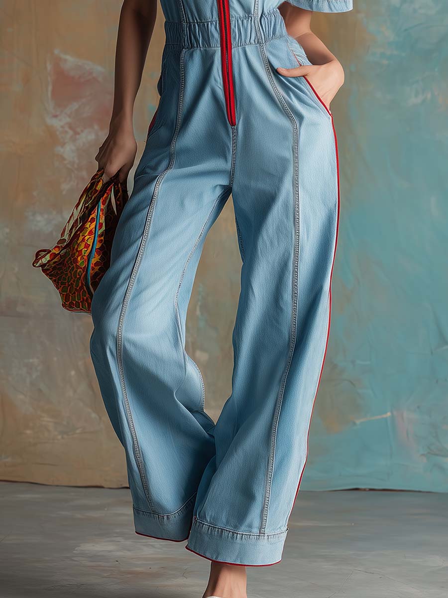 Retro Fashion Casual Lapel Front Zipper Red Trim Short-sleeved Light Blue Denim Jumpsuit