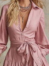 Elegant Urban Pink Collared Cotton-linen Maxi Dress