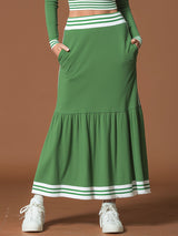 Sporty Retro Striped Square Neck Ruffled Green Cotton T-shirt And Skirt Set