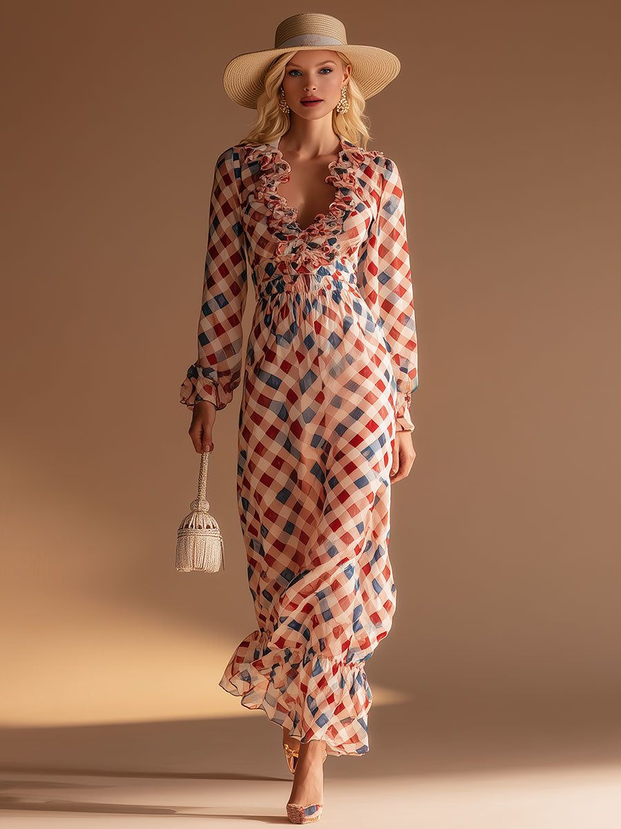 Fashionable Retro Plaid Print Ruffled Chiffon Maxi Dress