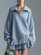 Stylish And Sporty Double-layered Ruffle Light Blue Sweatshirt Mini Dress