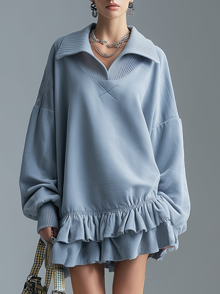 Stylish And Sporty Double-layered Ruffle Light Blue Sweatshirt Mini Dress