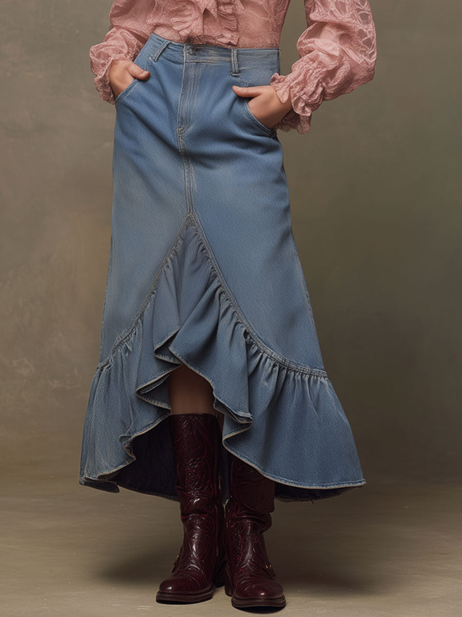 Western Retro Blue Denim Ruffle Skirt