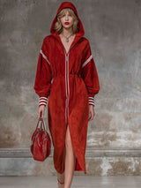 Loose Color-blocked Woven Ribbon Long-zippered Hooded Faux Suede Long-sleeved Midi Dress