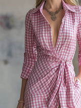 Pink Checkered Wrap Maxi Dress