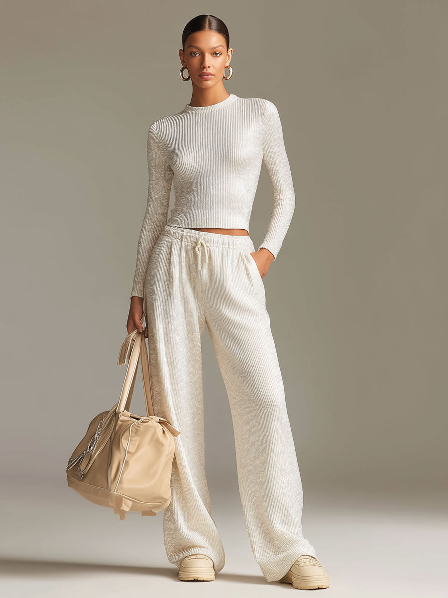 Fashionable Sporty White Knit Ribbed Crew Neck Top And Wide-leg Pants Set