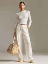 Fashionable Sporty White Knit Ribbed Crew Neck Top And Wide-leg Pants Set
