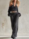Stylish Sporty Striped Trim Black Corduroy Off-the-shoulder Top And Wide-leg Pants Set