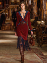 Western-style Red Faux Suede Dress With Blue Fringed Skirt And Midi Dress