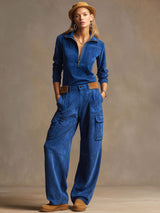 Western Retro Royal Blue Faux Suede Half-zip Work Pants And Top Set