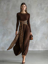 Retro Leopard Print Patchwork Long-sleeved Midi Dress