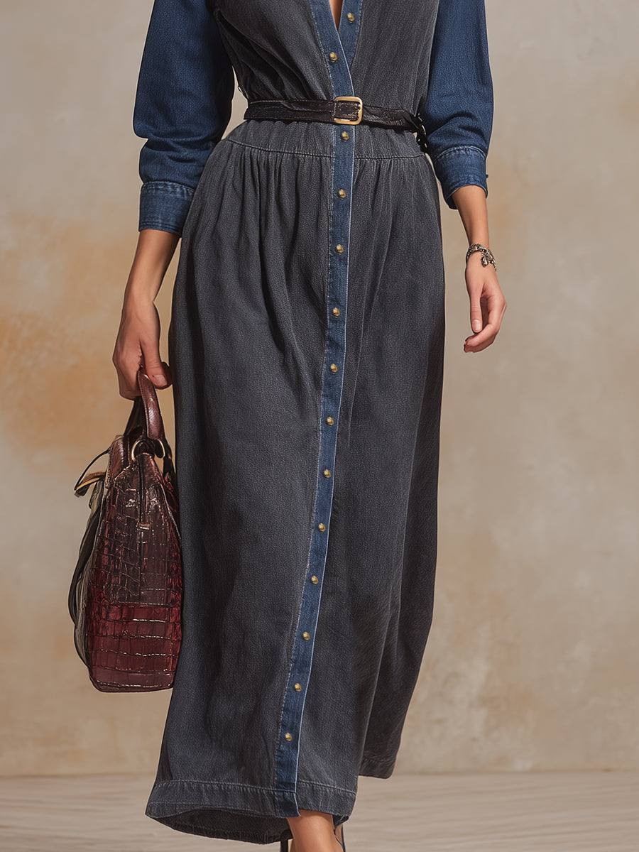 Casual Western Grey And Blue Denim Maxi Dress