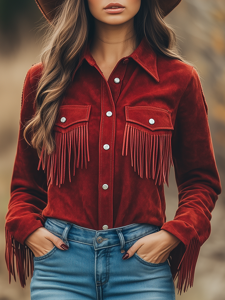 Outdoor Western Cowboy Red Suede Lapel Tassel Long Sleeve Shirt