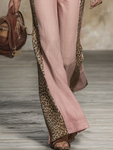 Western-style Pink Linen Zip-up Jacket And Wide-leg PantsWith Leopard Print Details Set