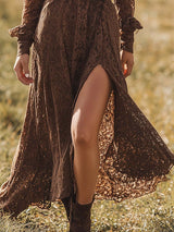 Elegant Brown Lace Front Slit Long Sleeve Maxi Dress