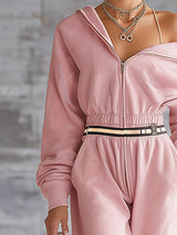 Casual Sporty Pink Front Zip-up Hooded Jumpsuit