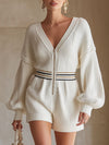 Elegant And Versatile Silhouette Cream White Knit Front Zip Long-sleeved Shorts Jumpsuit