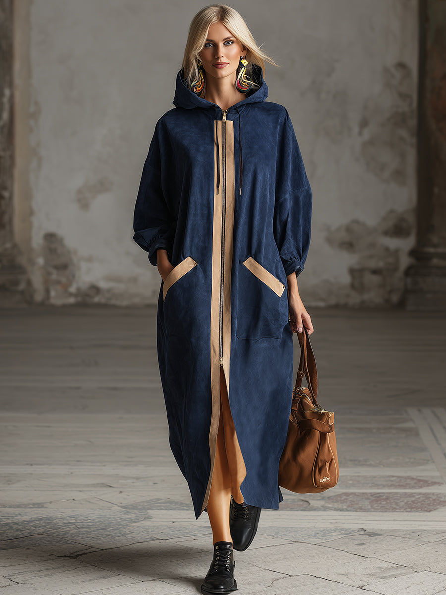 Loose-fitting, Casual Beige-trimmed Navy Blue Faux Suede Hooded Maxi Dress