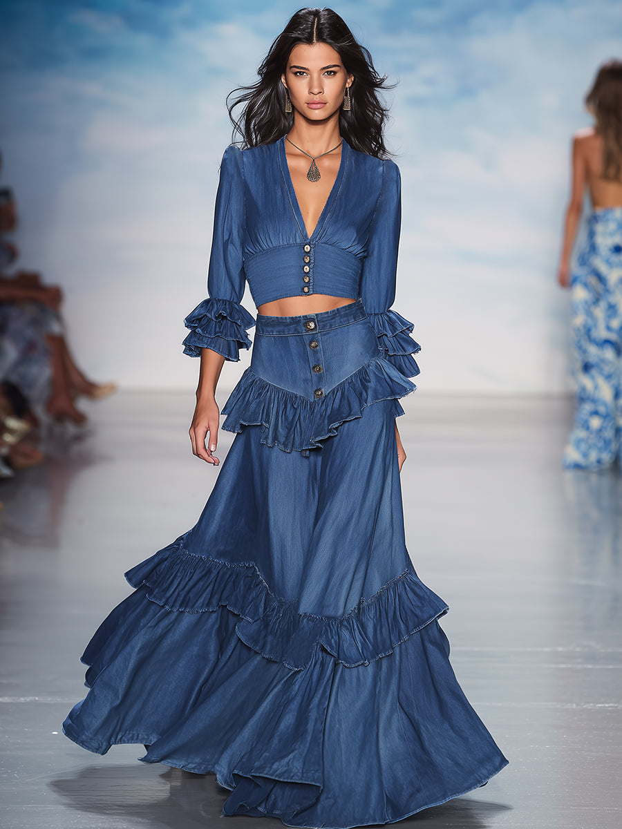 Stylish Retro Ruffle Trim V-neck Denim Shirt