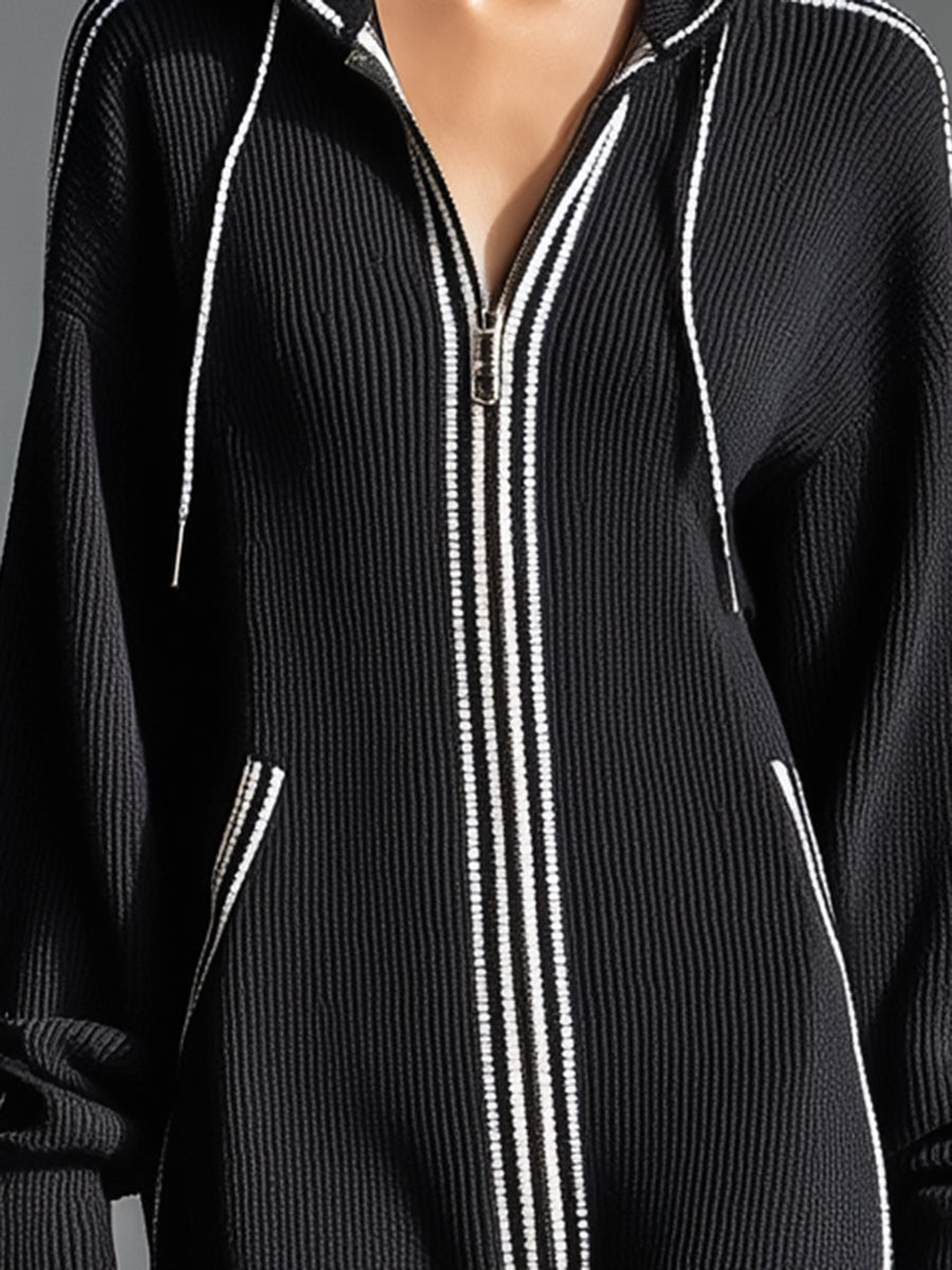 Stylish Black Knit Patchwork White Hooded Zip-up Maxi Dress