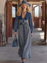 Casual Retro V-neck Denim Patchwork Plaid Maxi Dress