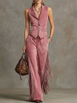 Western Retro Pink Faux Suede Vest And Tassel Pants Set