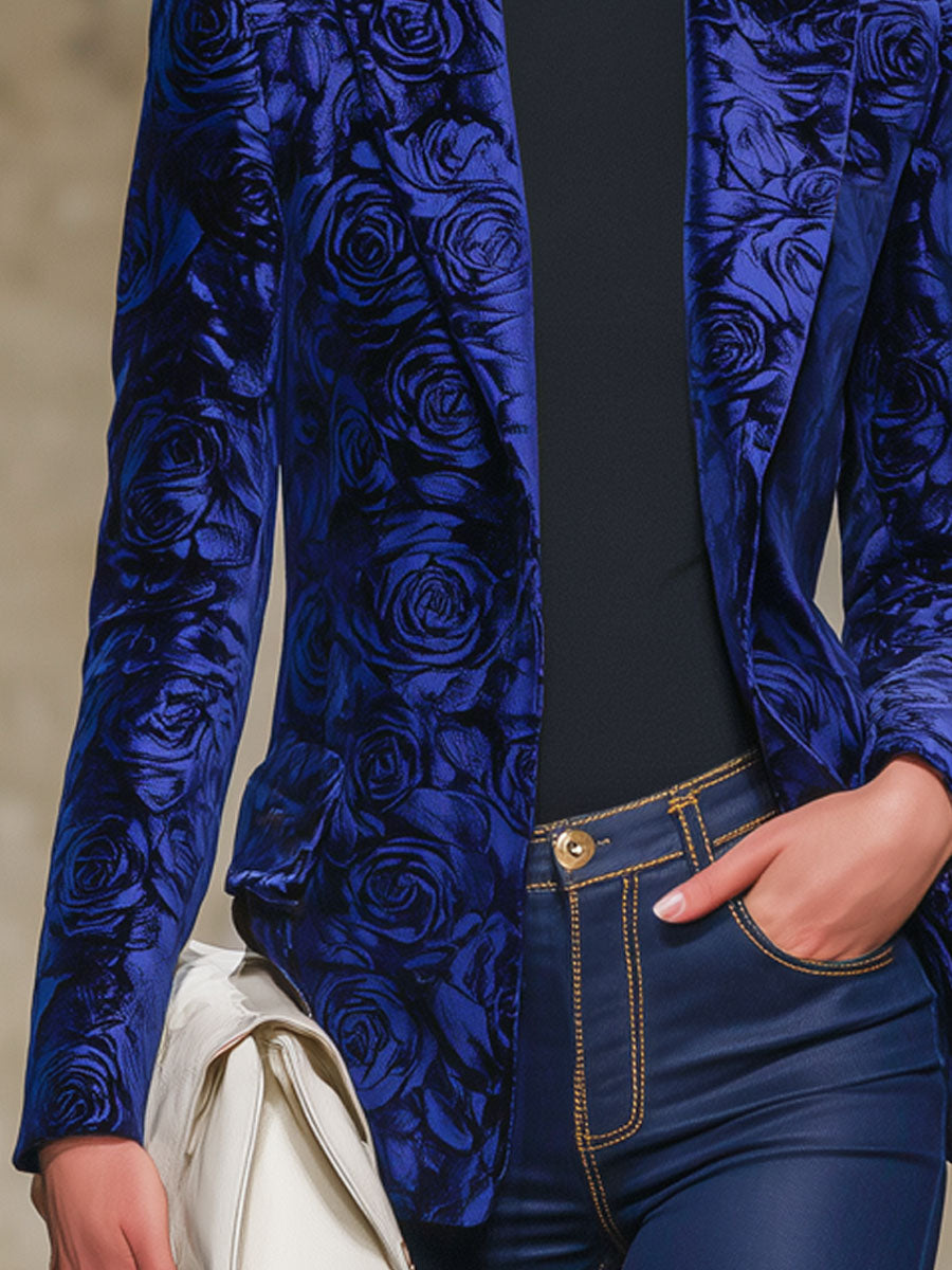 Royal Blue Rose Print Velvet Lapel Blazer
