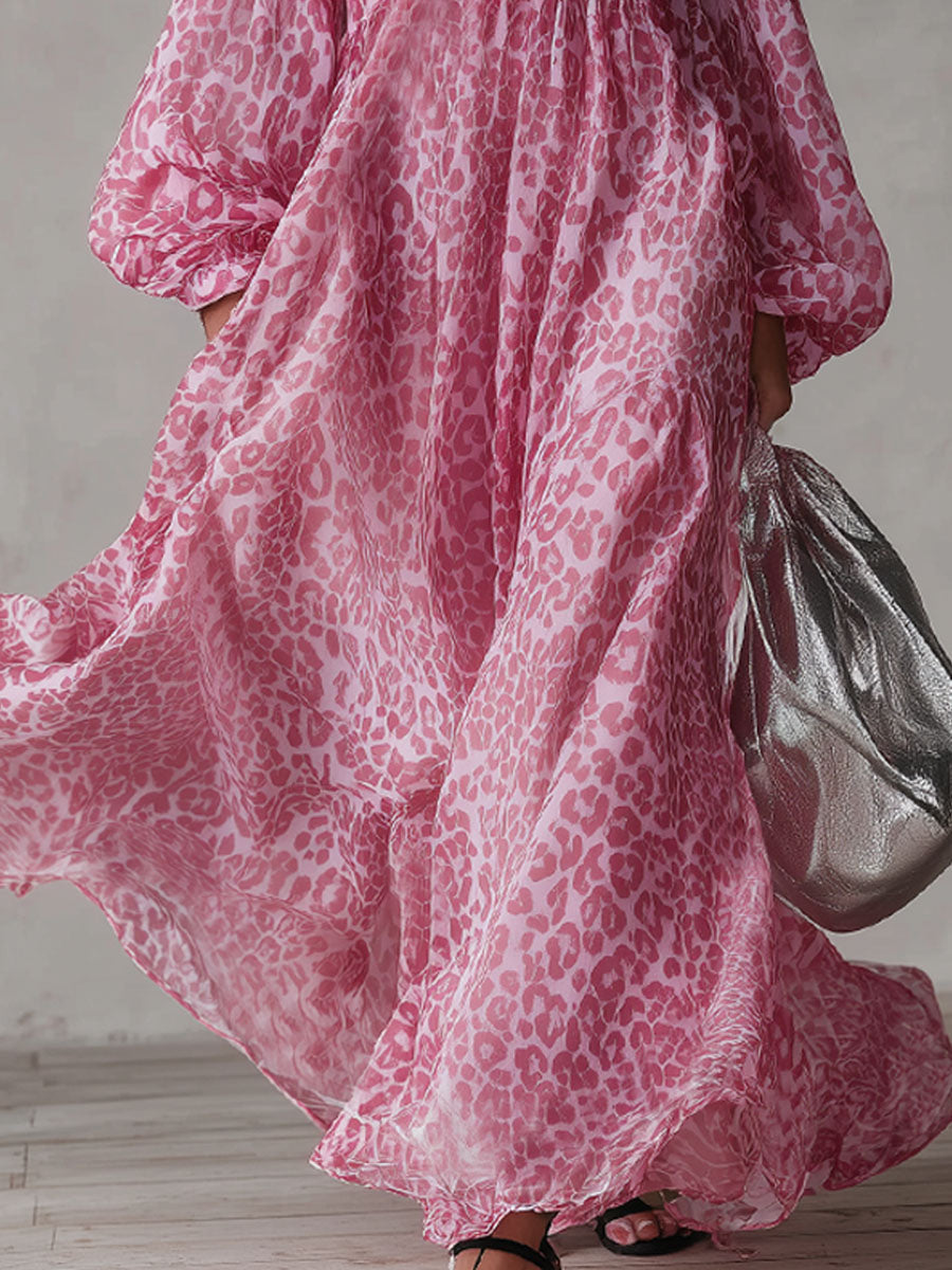 Loose-fitting Leopard Print High-neck Long-sleeved Maxi Dress